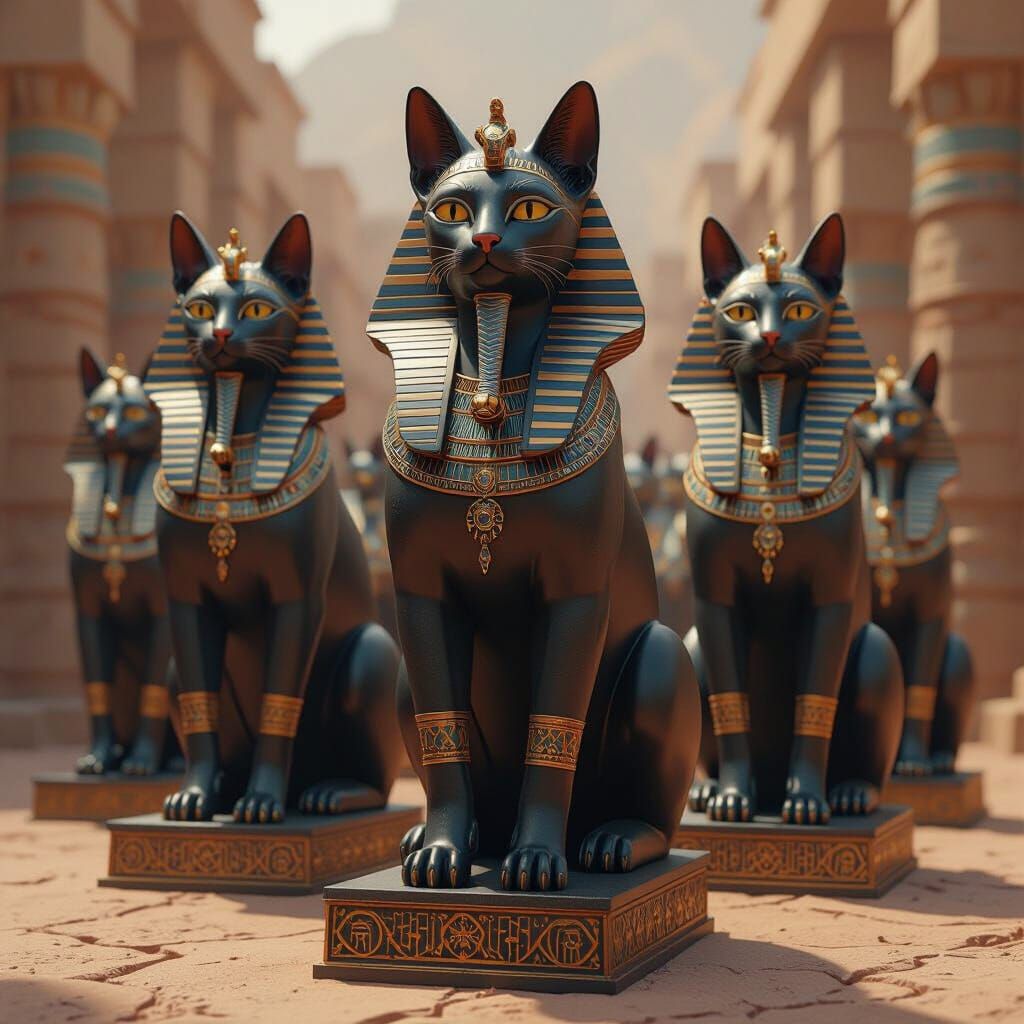 Pharaonic Cat Statues with Arabic Ornamentation