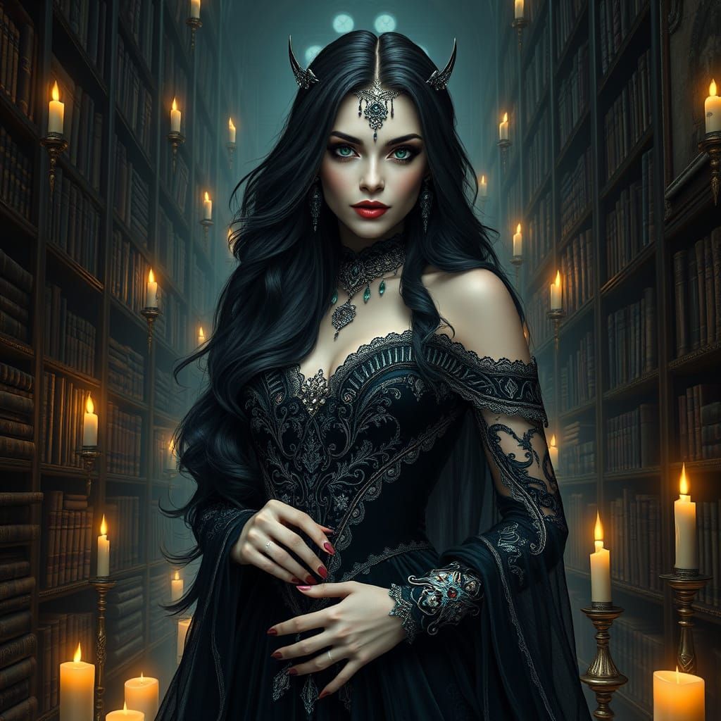 Gothic Enchantress in a Grand Library of Ancient Tomes and A...