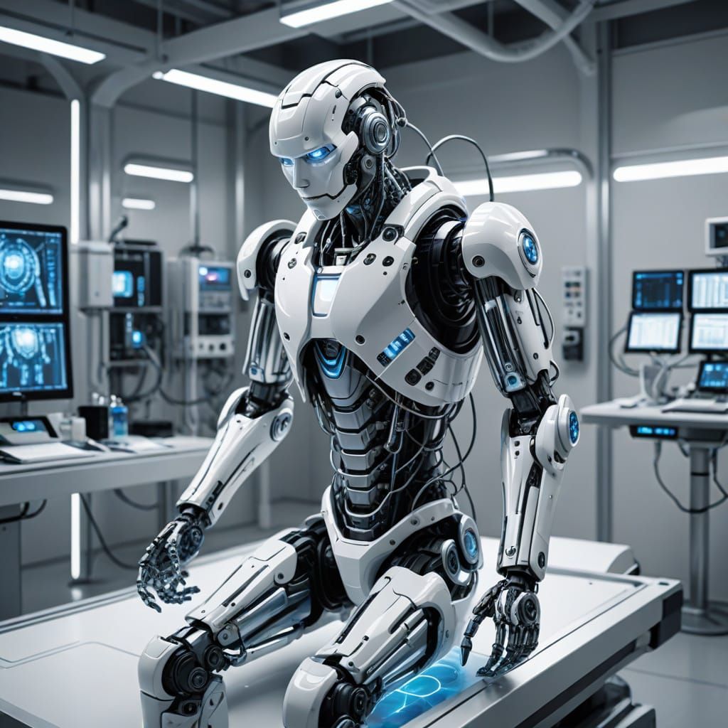 Futuristic AI Robot Assembles Human in Medical Laboratory