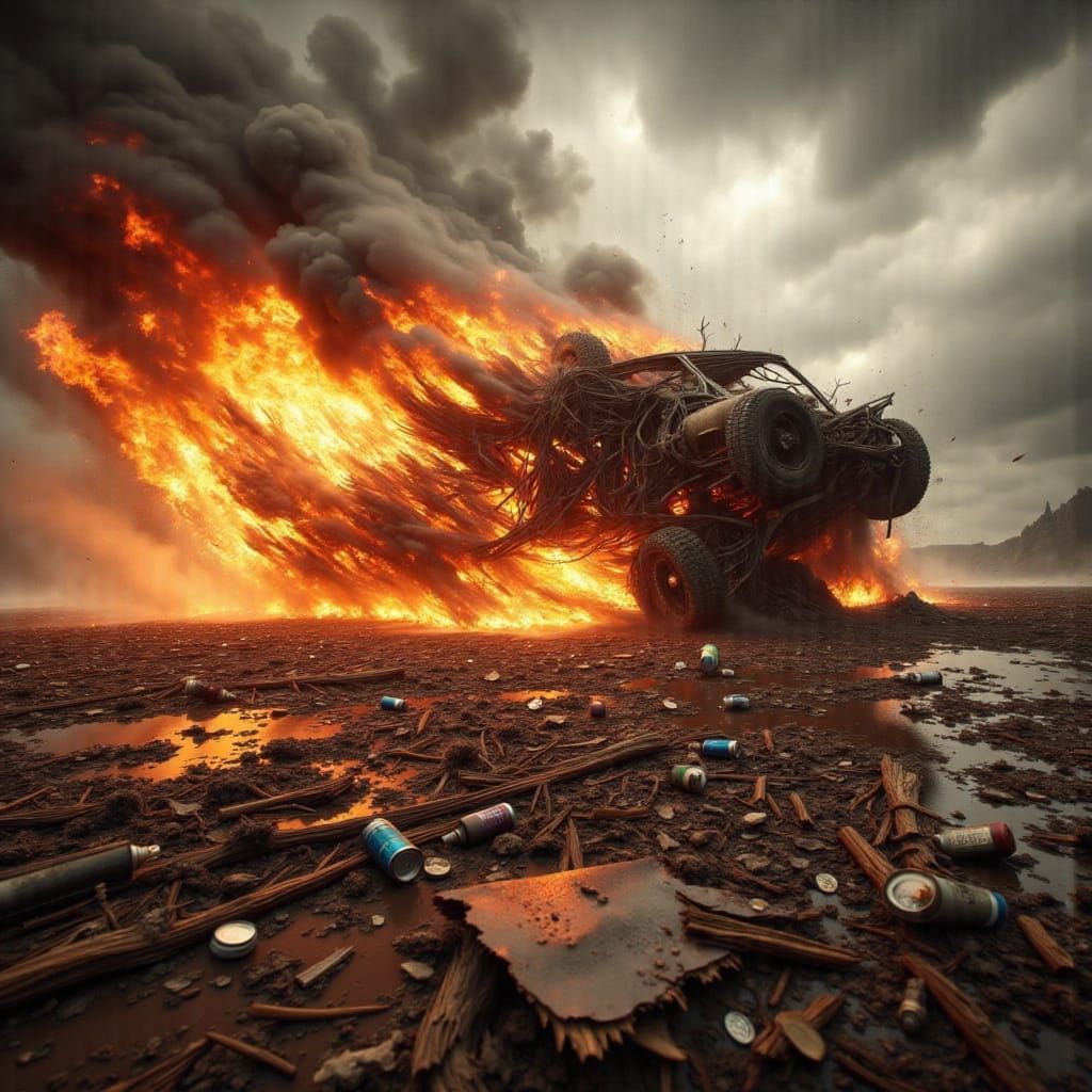 Wrecked Car Inferno in Hyper-Realistic Style