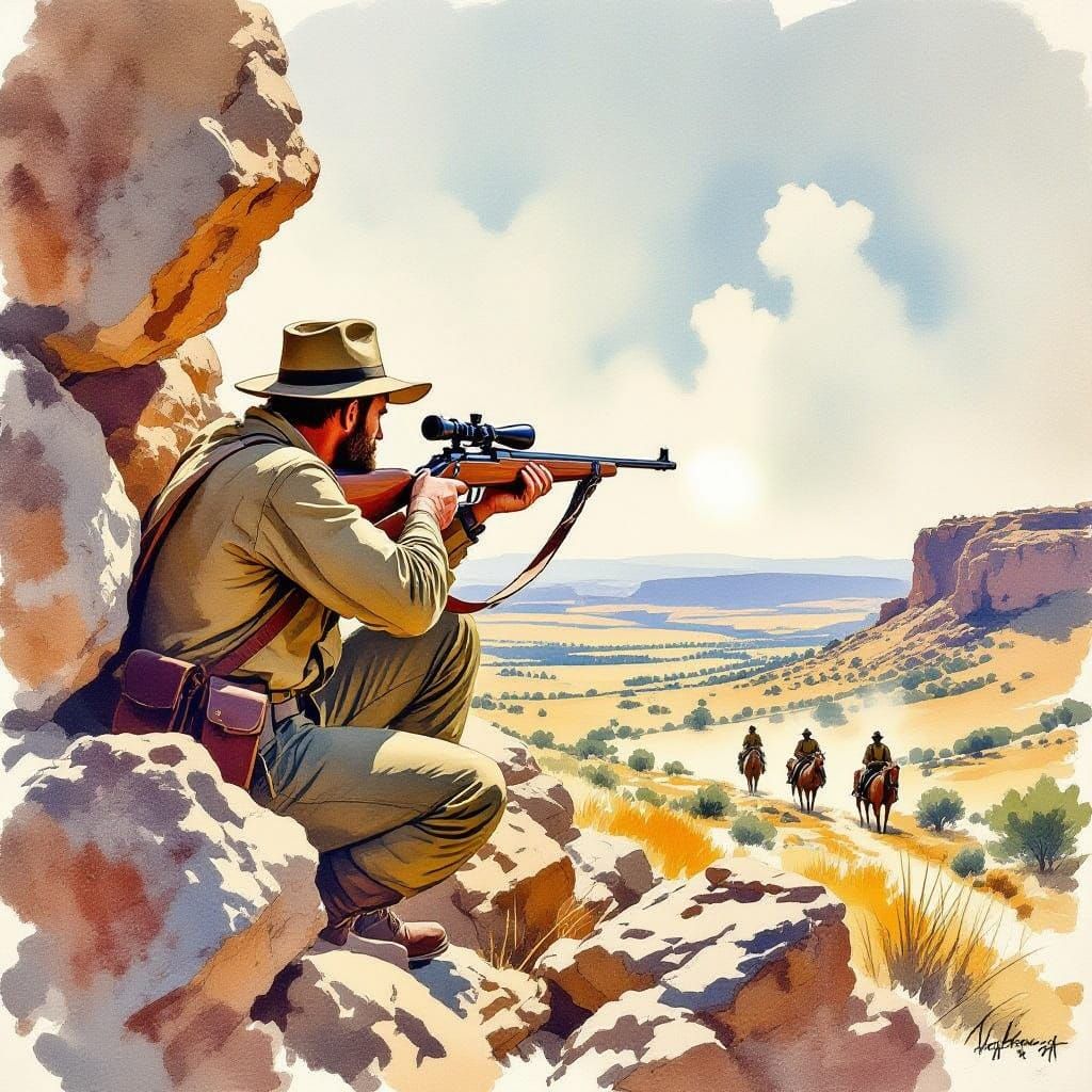 Boer Soldier Aims Rifle in Watercolor Style