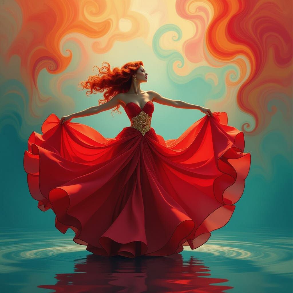 Red-Haired Dancer in Scarlet Dress, Alcohol Ink Splash Art