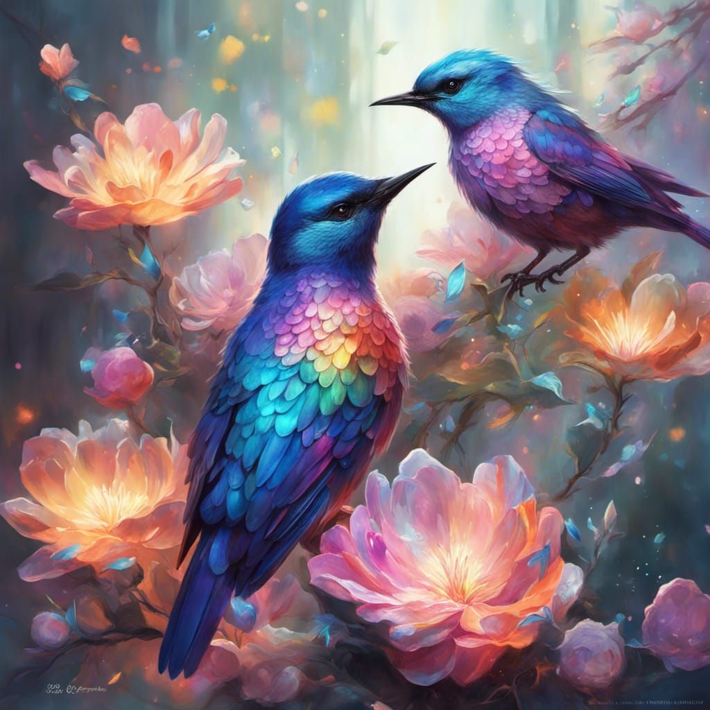 Iridescent Bird with Magical Flowers, Hyperrealistic Art