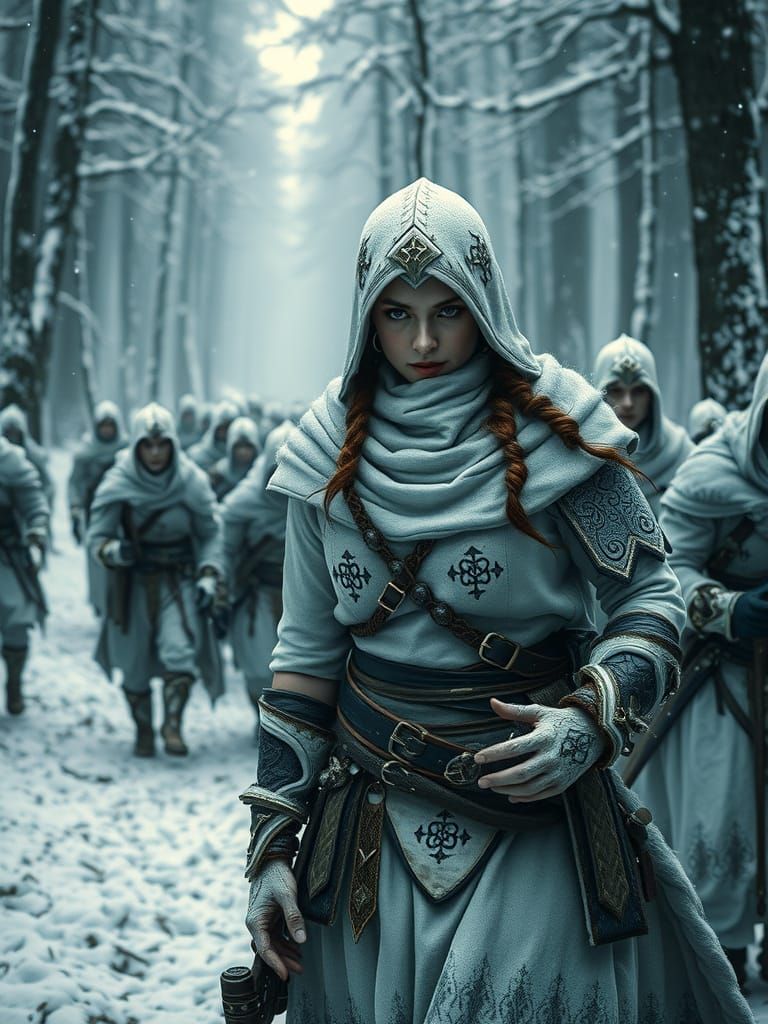 Warrior Woman Leads Army Through Winter Forest