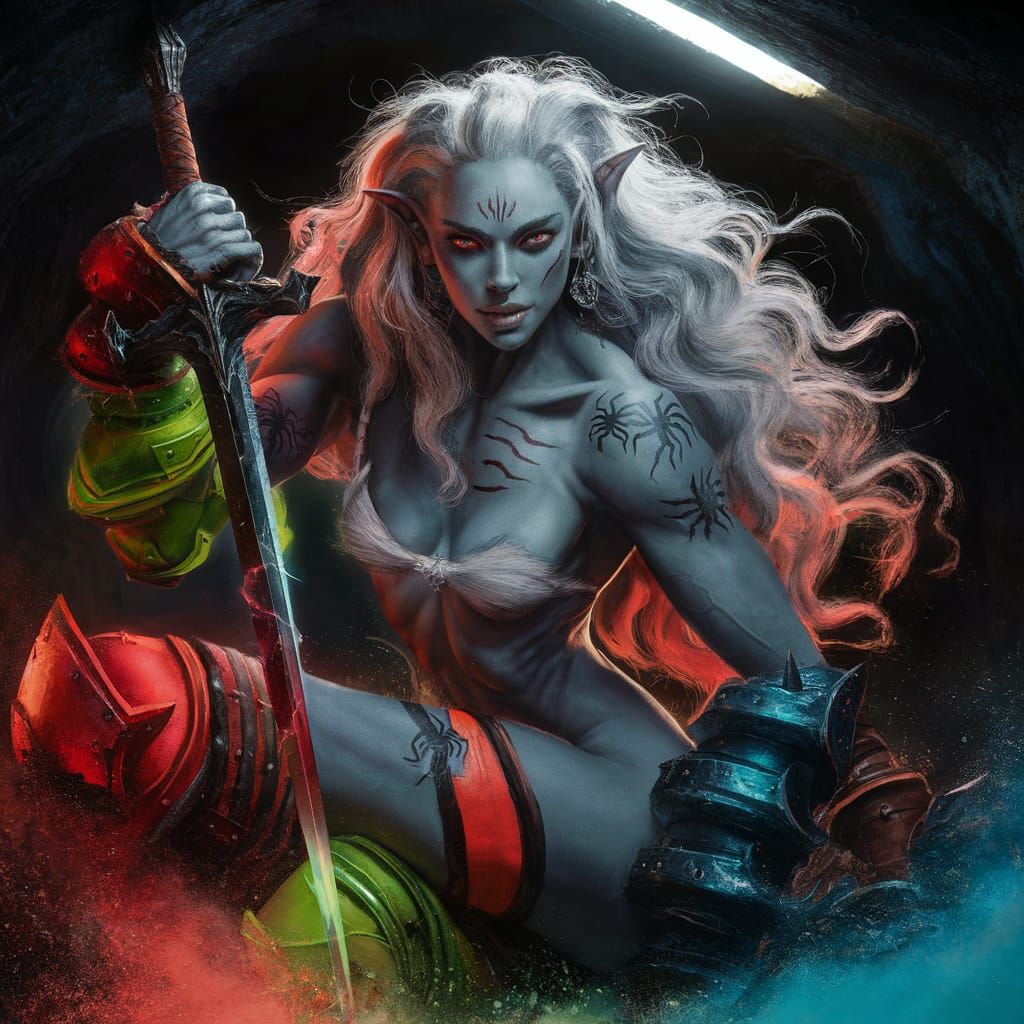 Female Drow Warrior with Sword in Splash Art Style