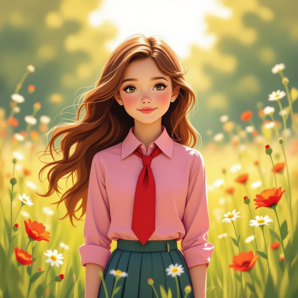 Young Girl in Sun-Dappled Meadow Storybook Illustration