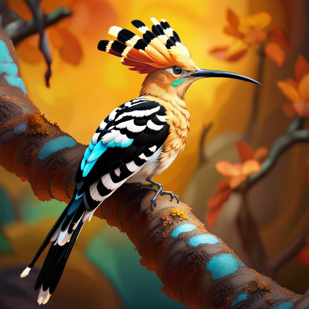 Beautiful hoopoe standing on a branch. Hyperrealistic, splash art, concept art, mid shot, intricately detailed, color de...