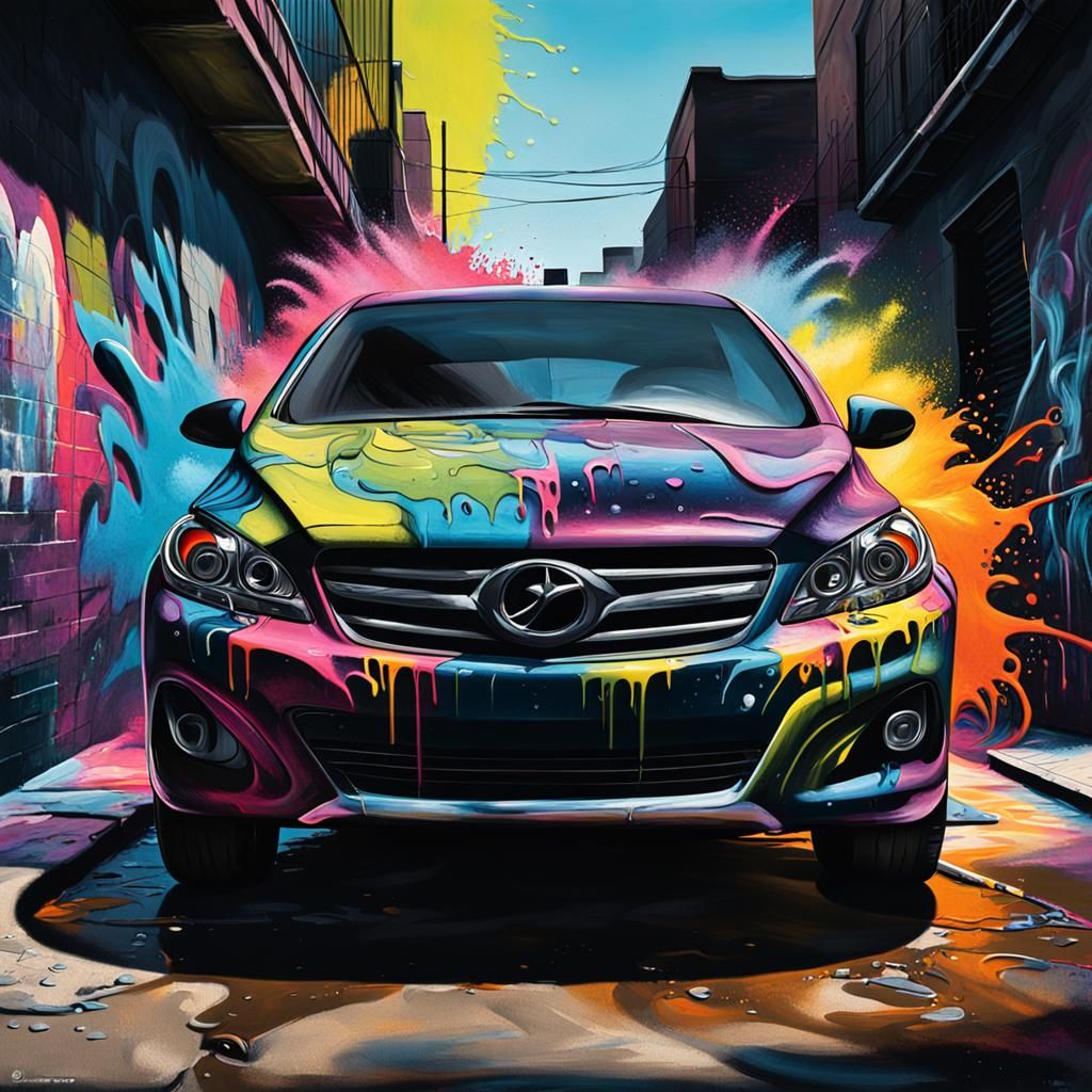 Angry Woman Vandalizes Car in Street Art Style