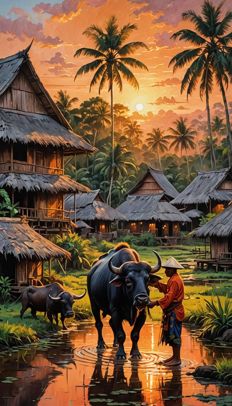 Banjar Tribesman and Water Buffalo: Impressionist Oil Painti...