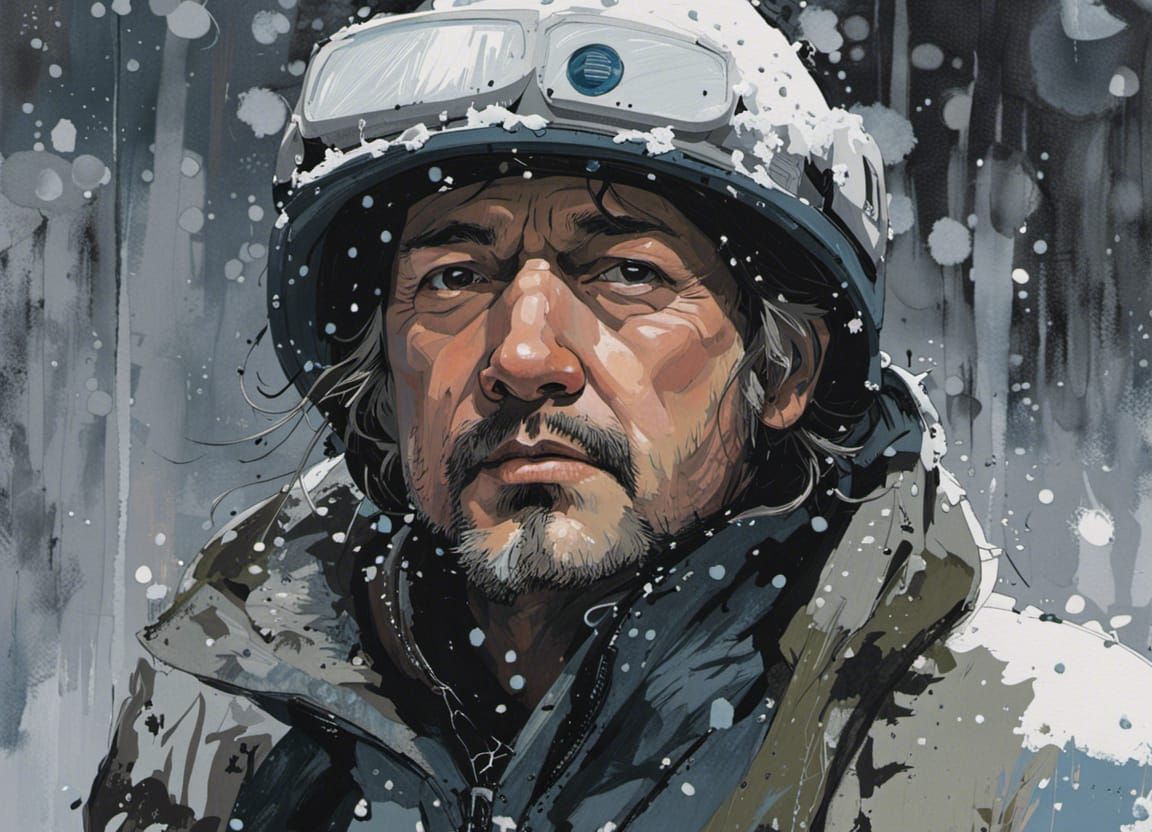 Explorer in Snowstorm Illustration with Chiaroscuro Lighting