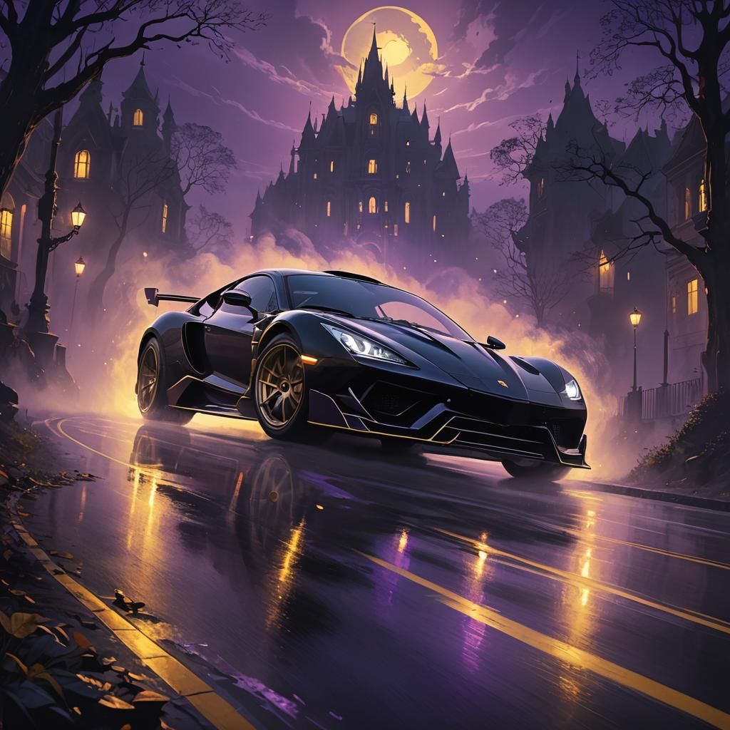 Black Supercar on Haunted Road in Dark Fantasy Style