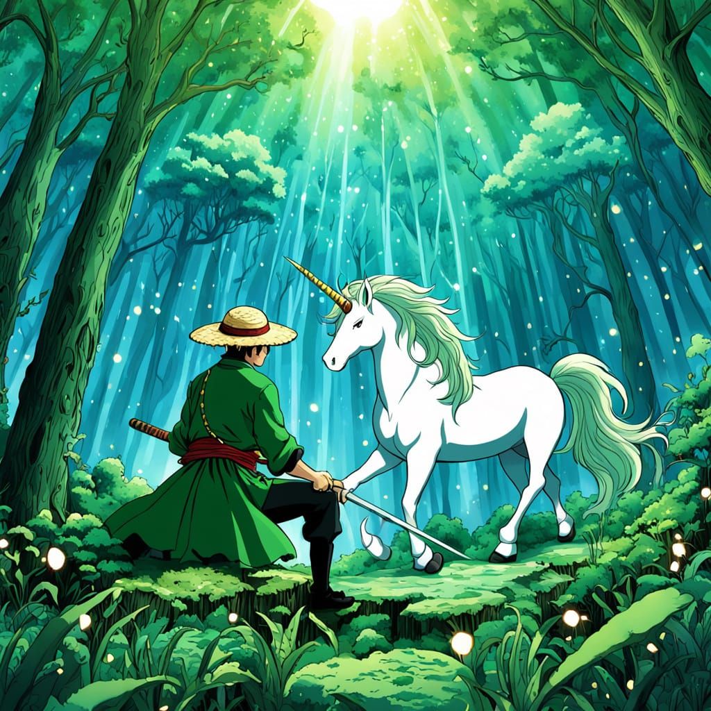 Surreal Anime Illustration of Zoro and Luffy on a Unicorn