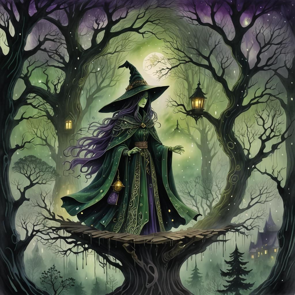 Epic Treehouse Witch in Surreal Ink Wash Painting
