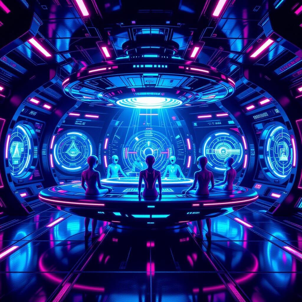 Futuristic UFO Interior with Five Aliens in Neon Retro Light...
