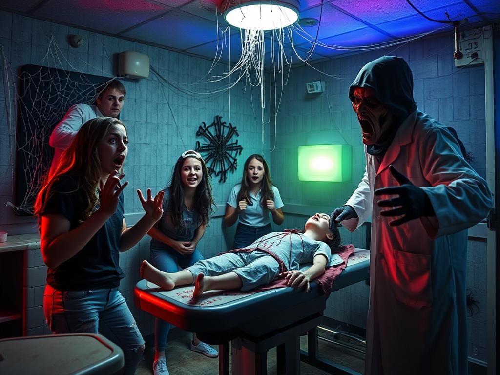 Haunted House Attraction with Zombie Nurse and Mad Doctor
