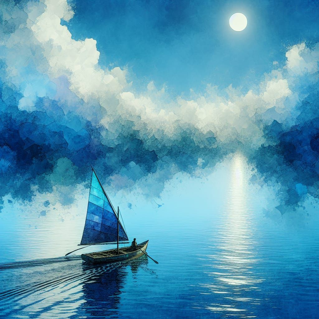 Azure Seascape with Lone Sailboat in Watercolor Style