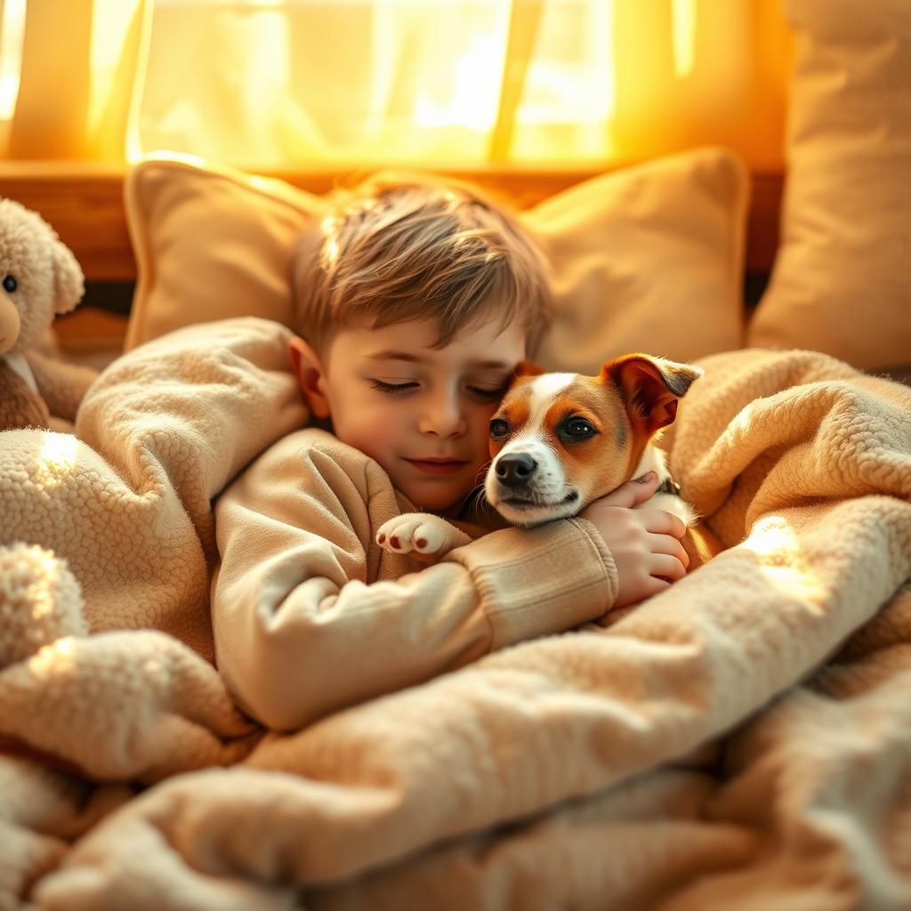 Cozy Morning Nap with Boy and Jack Russell Terrier