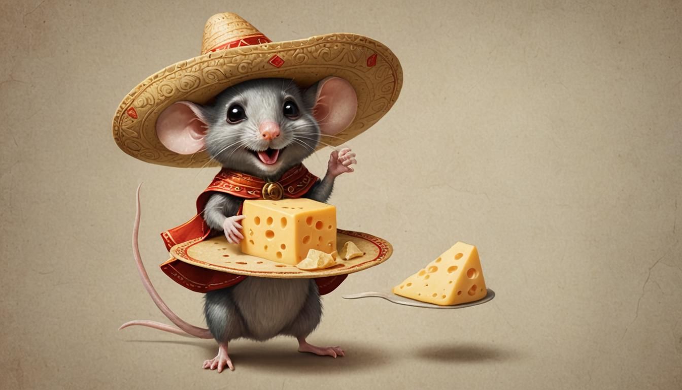 Anthropomorphic Mouse in Sombrero Eating Cheese