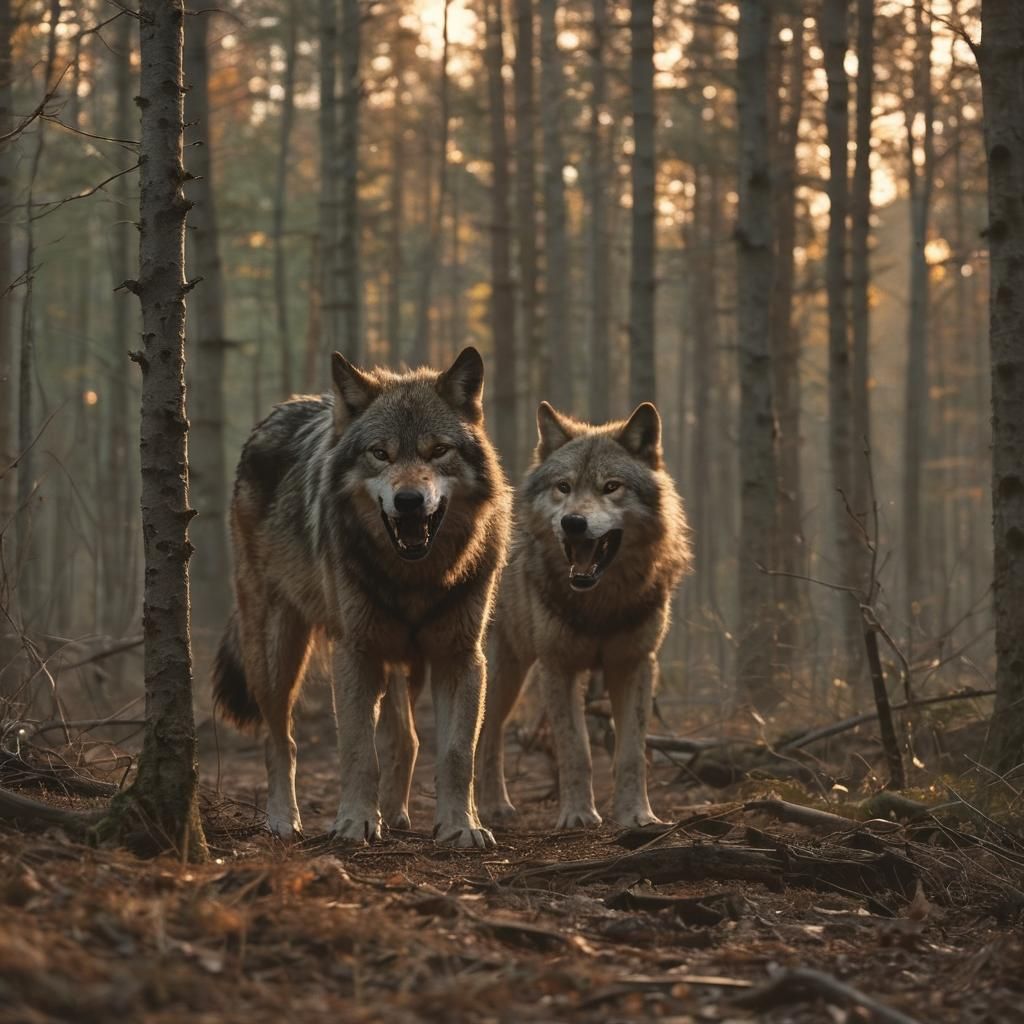 Dramatic Lone Wolf in Forest Sunset