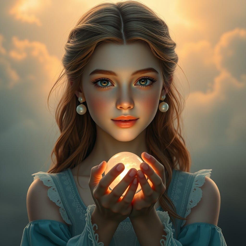 Ethereal 8K Fantasy Scene with Girl and Glowing Orb