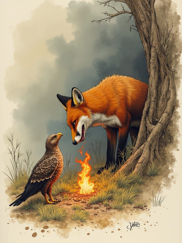 Fiery Fledglings: Fox Feast in Rackham Style