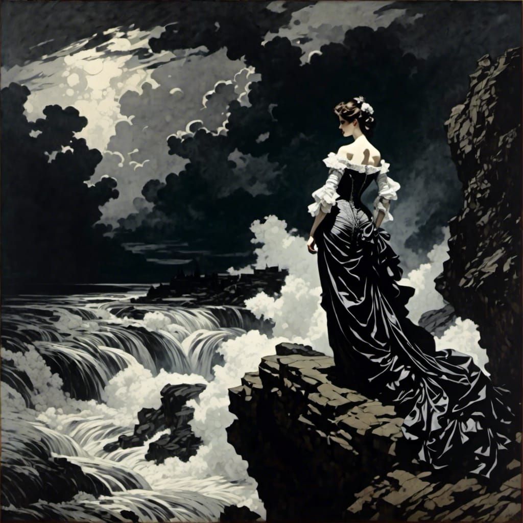 Woman on Cliff Above Stormy Water in Ink Print