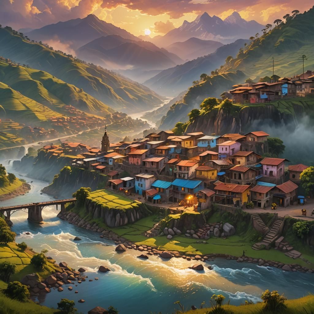 Colombian Town at Dawn: Vibrant Oil Painting