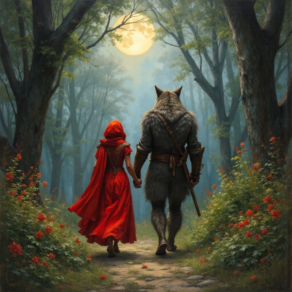 Wolf and Red Riding Hood in Moonlit Central Park