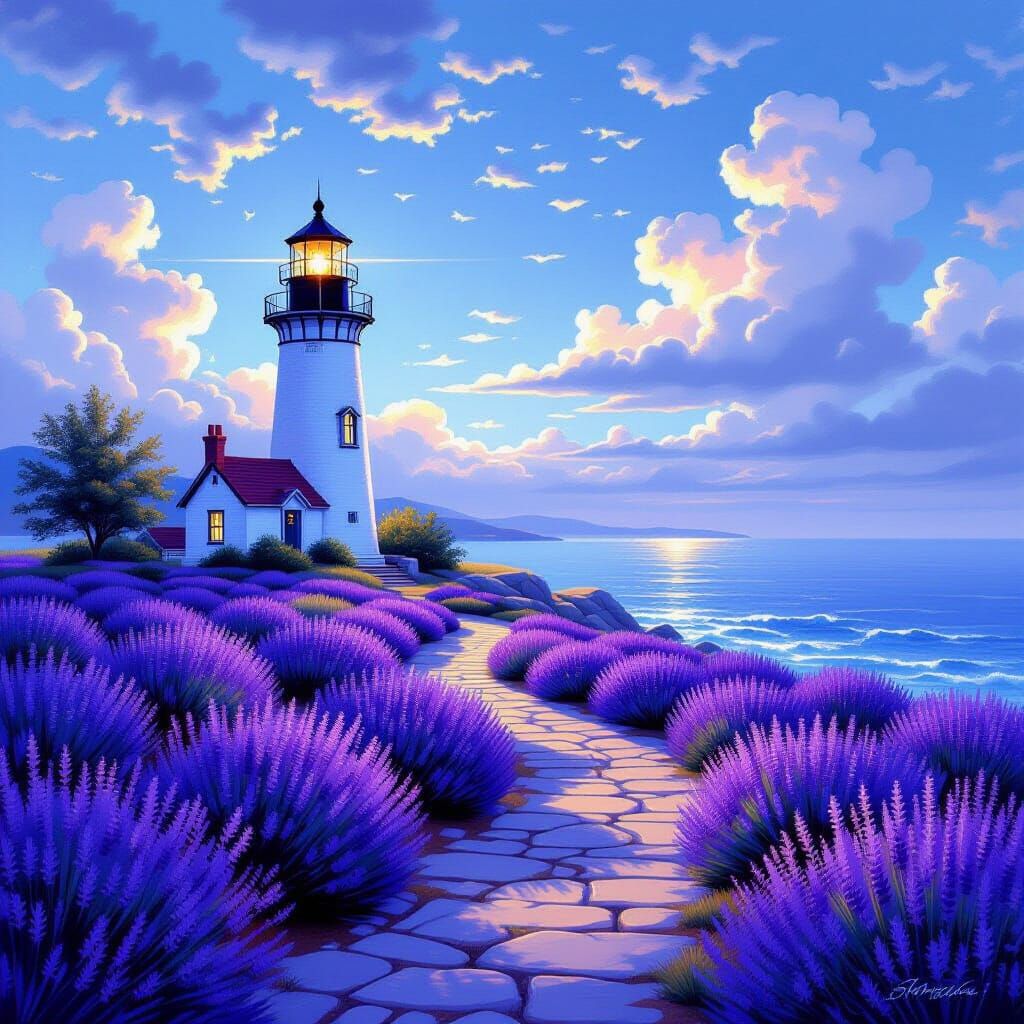 Lavender Garden Lighthouse in Dreamy Nouveau Realism Style