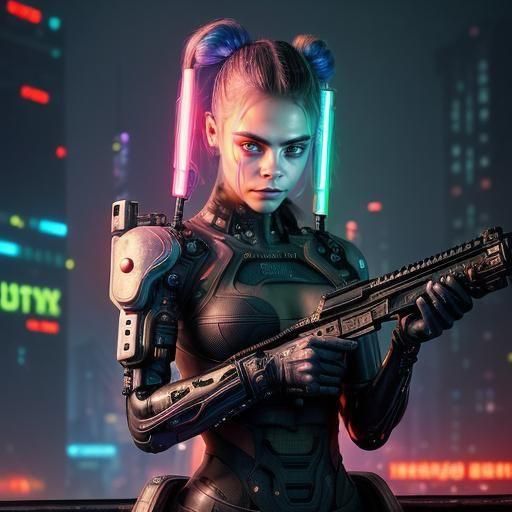 Cyberpunk Fairy Cyborg in Dystopian Metropolis Oil Painting