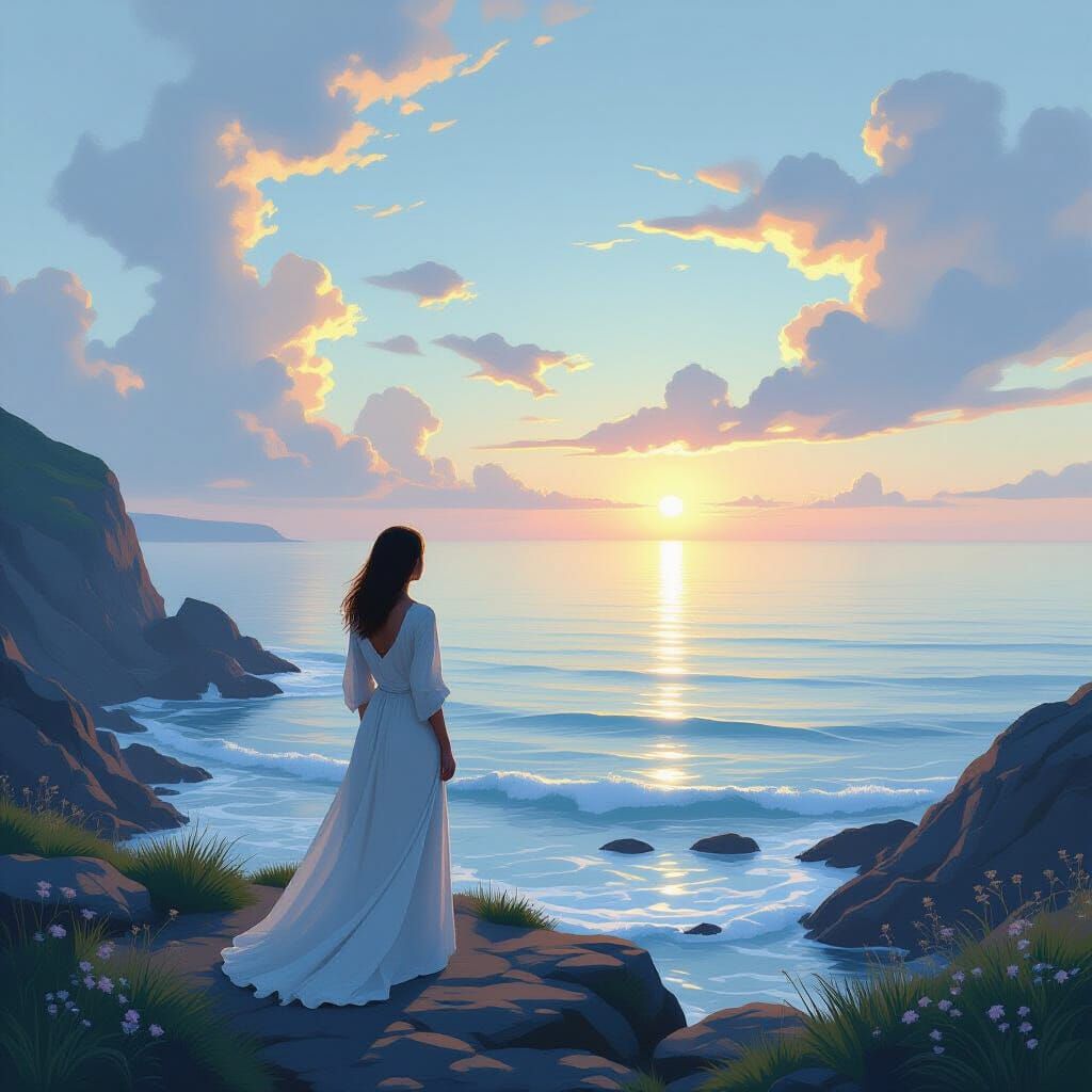 Woman Gazing at Tranquil Sea: Ethereal Fantasy Art