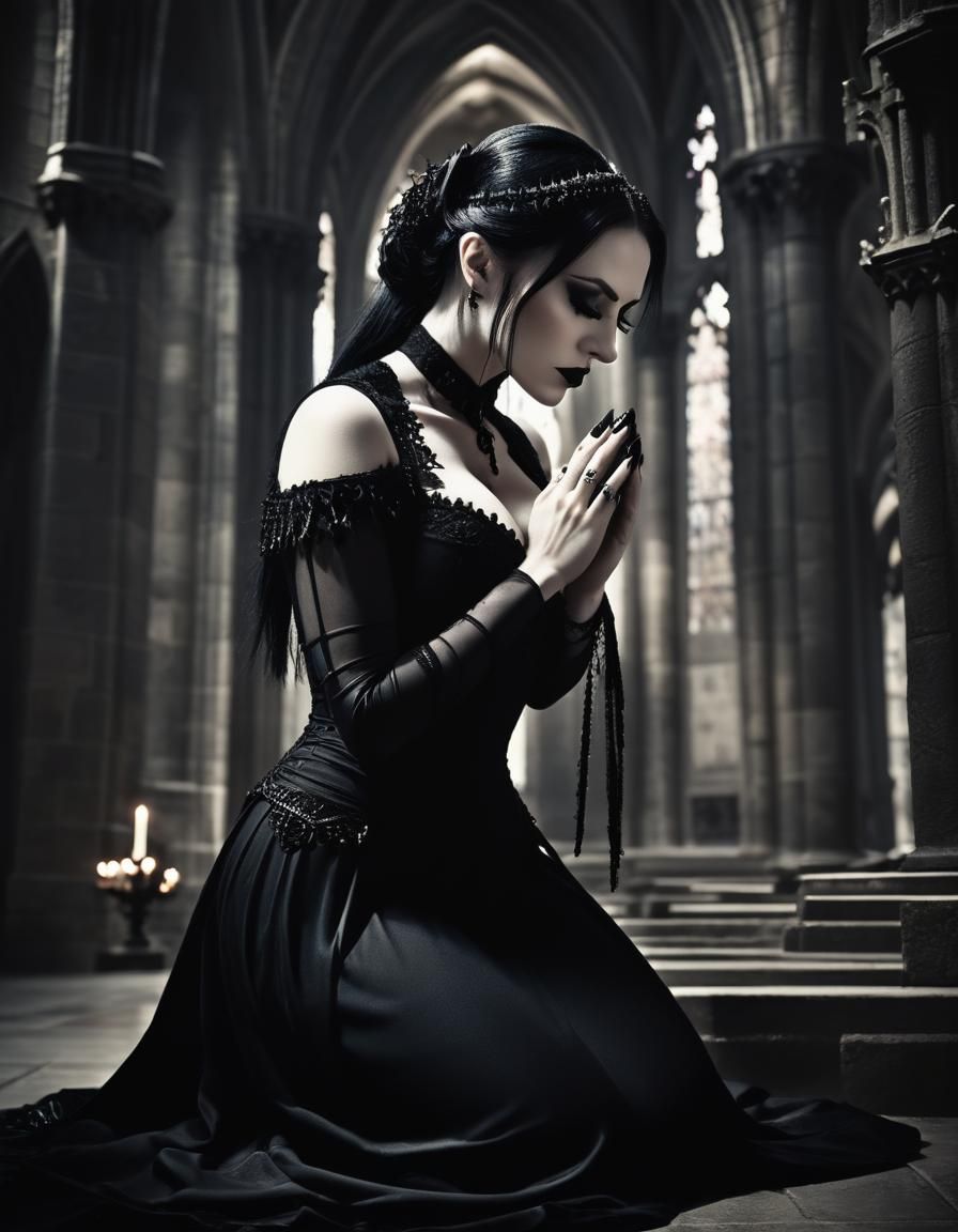 Gothic Woman Praying in Dark Cathedral