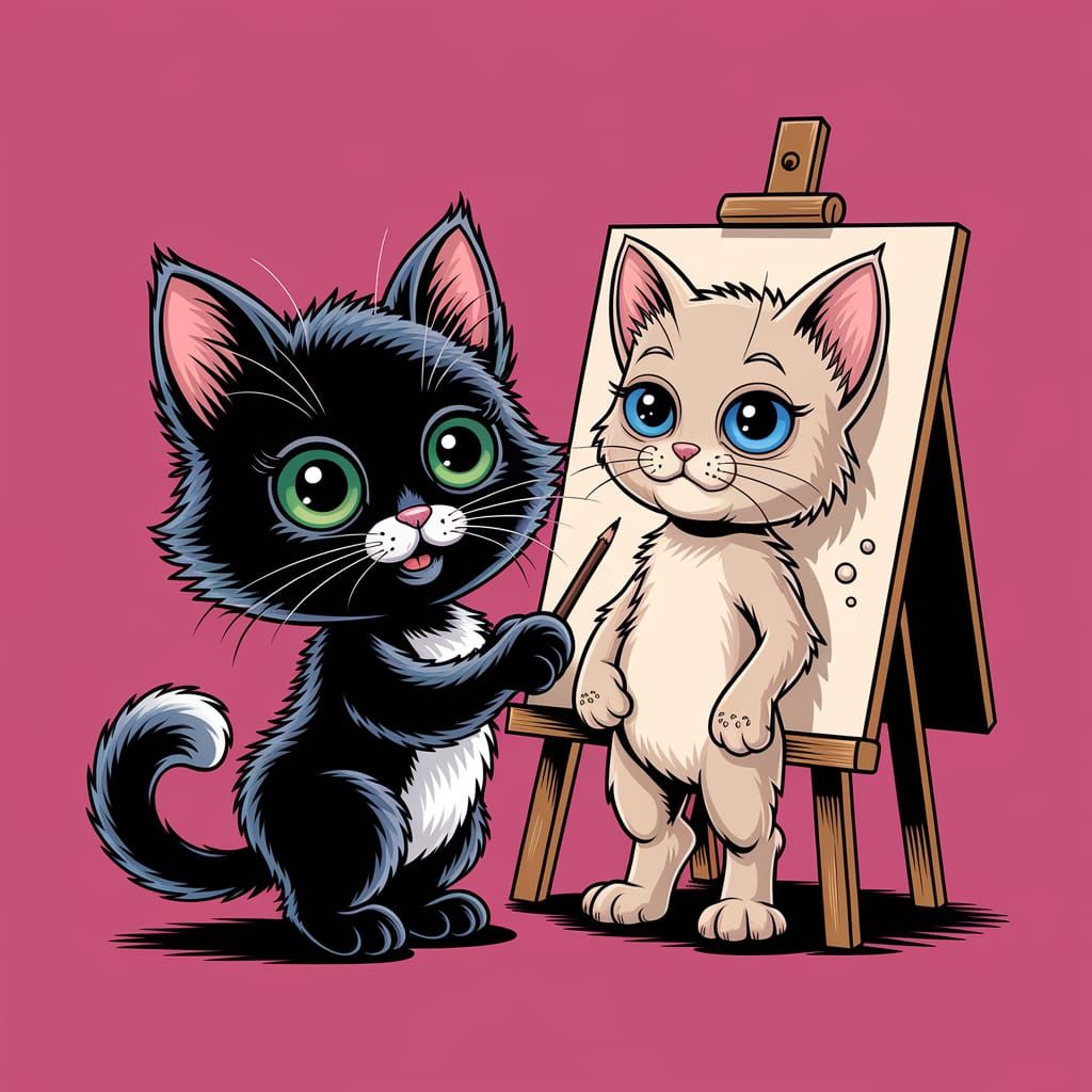 Whimsical Cartoon Cat at Easel Creates Ugly Kitten Drawing
