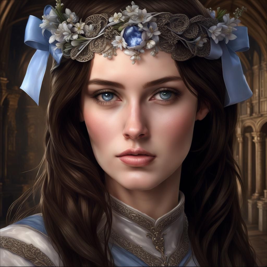 Winter Lady Portrait with Flowers, Hyperrealistic Style