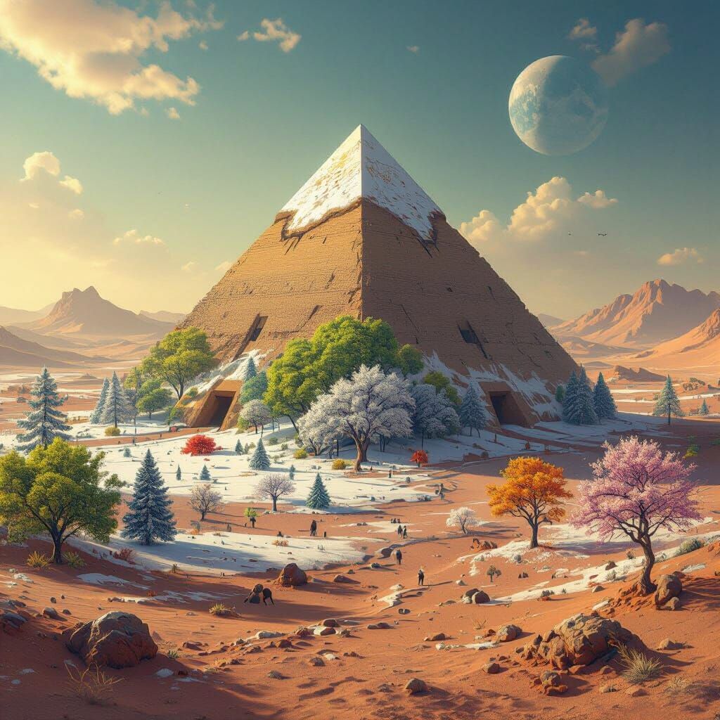 Pyramid on Mars Moon with Seasonal Forests