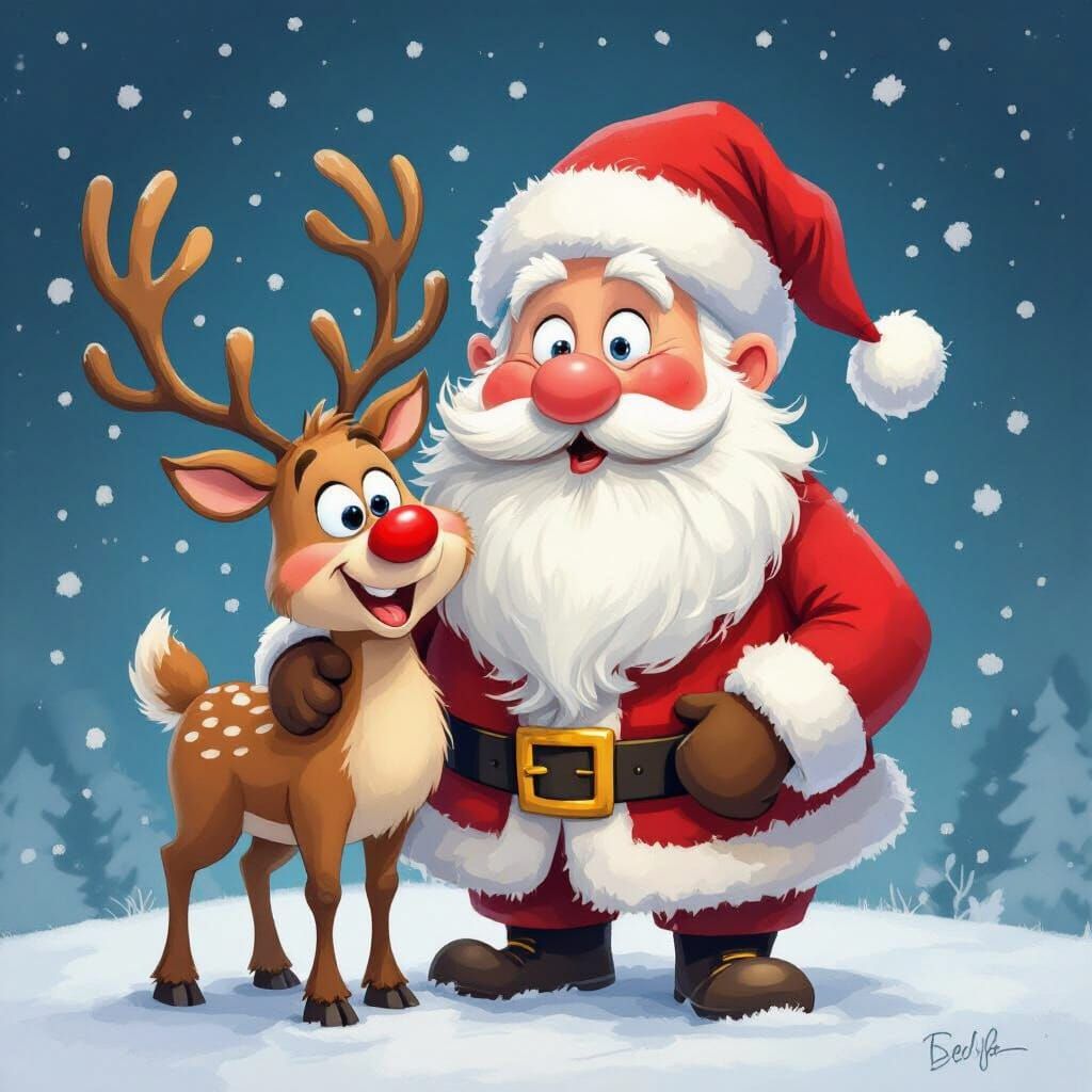 Whimsical Santa and Reindeer in Watercolor Illustration Styl...