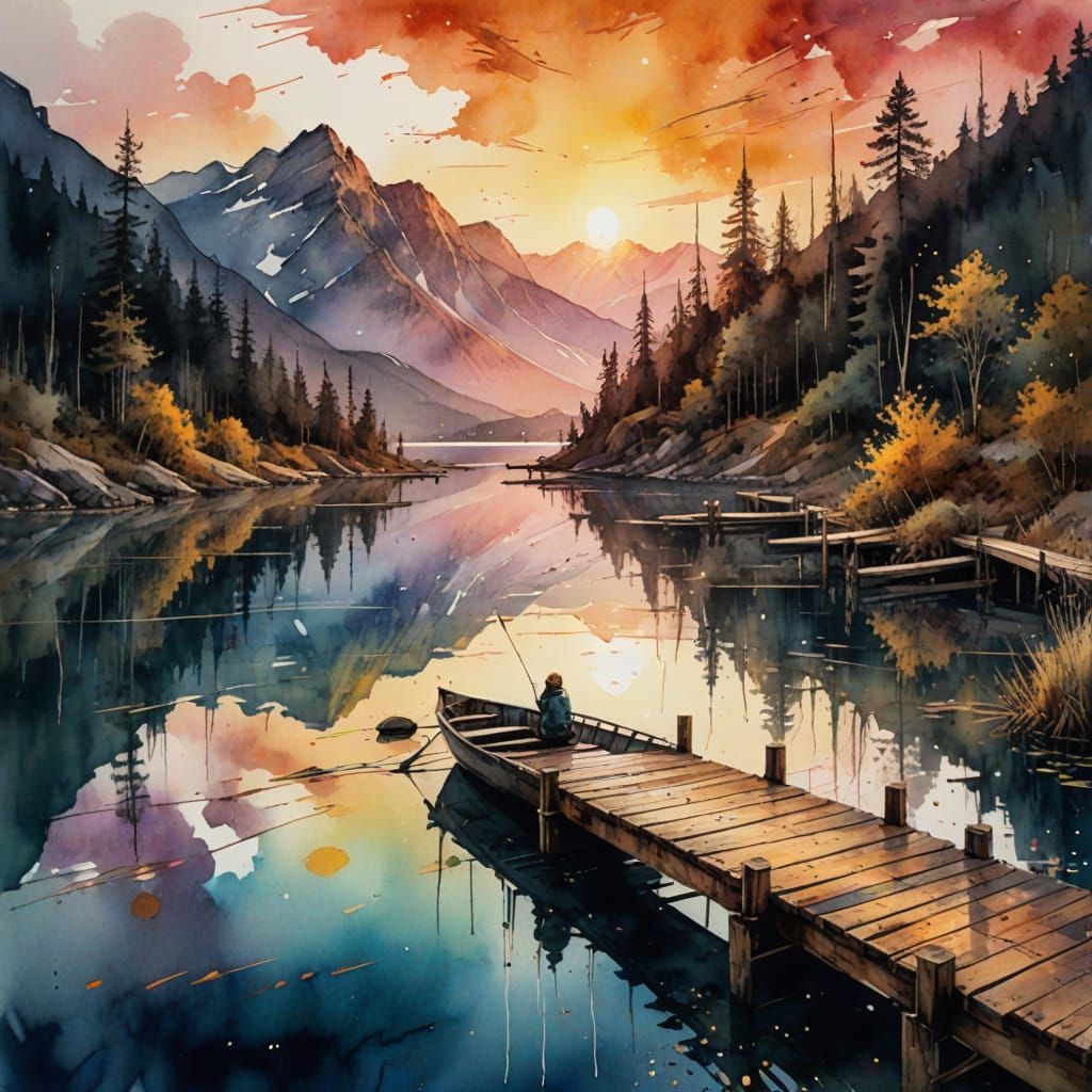 Concept art  masterpiece  An epic sunset at a lake in the mo...