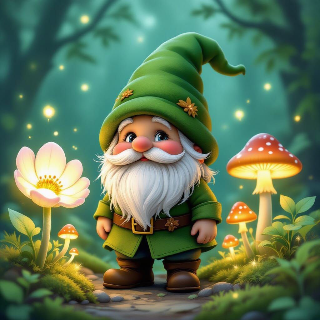 Whimsical Gnome in Bioluminescent Garden, Fantasy Art