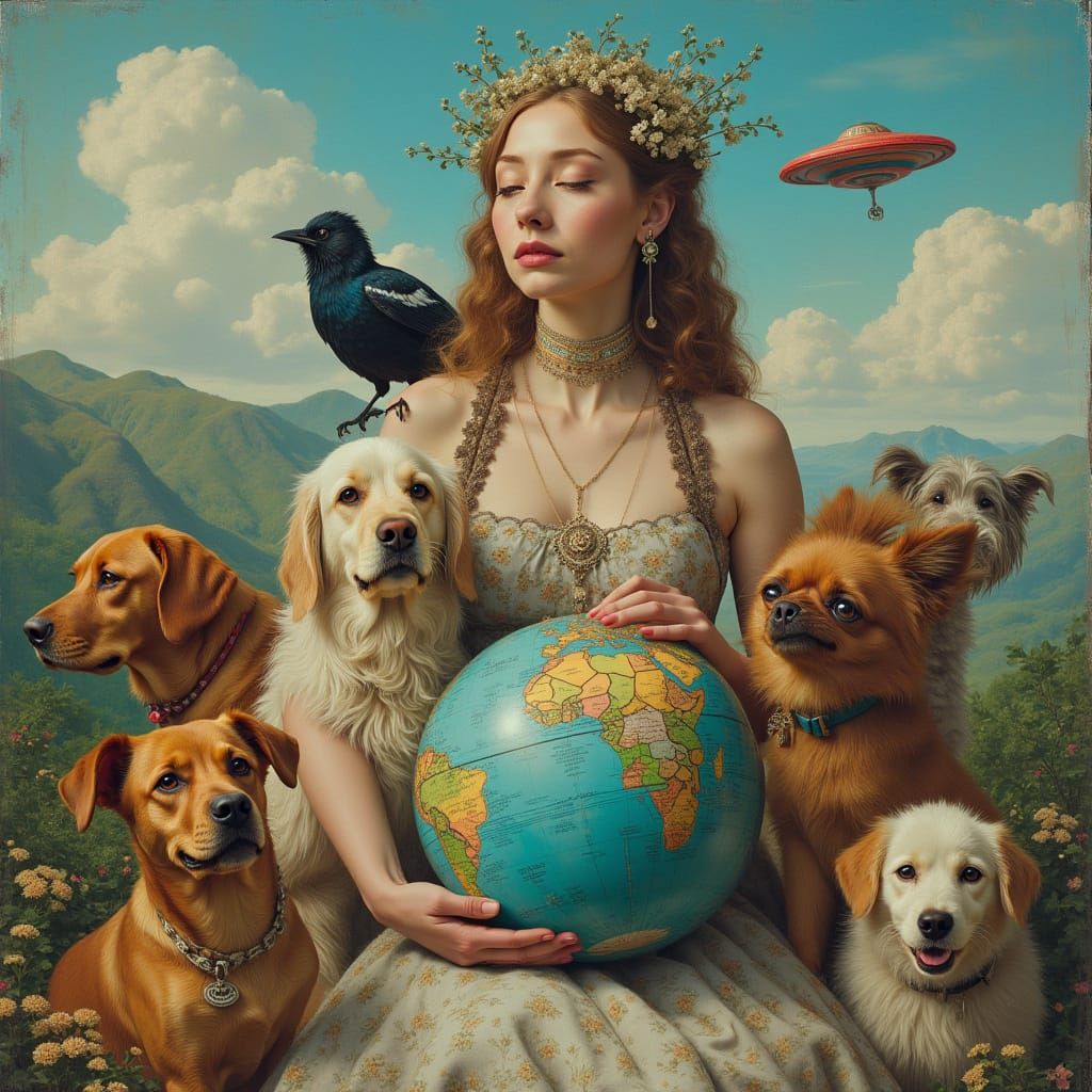 Woman, Dogs, Magpie, Globe, and UFO: Surreal Art