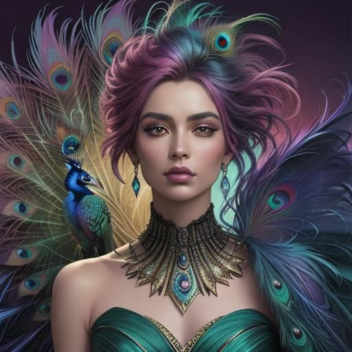 Rainbow Woman with Peacock Hair, Digital Art