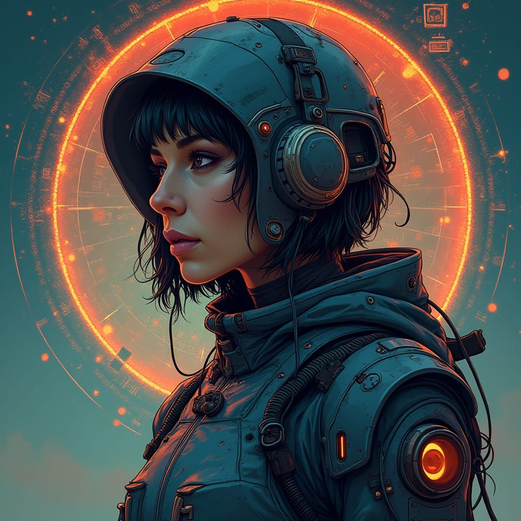 Cyber-Mystical Warrior in Futuristic Holographic Landscape