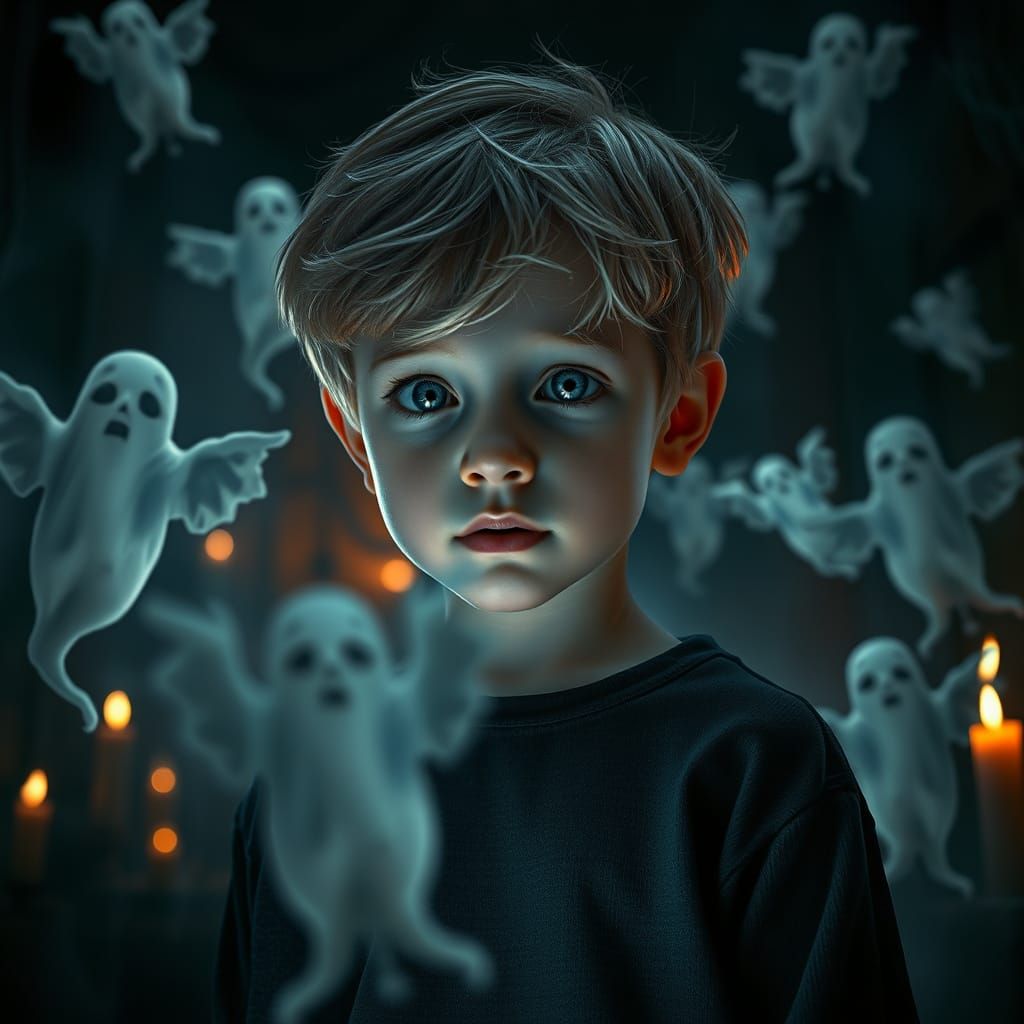 Boy in a Spooky, Dark Room with Floating Halloween Ghosts