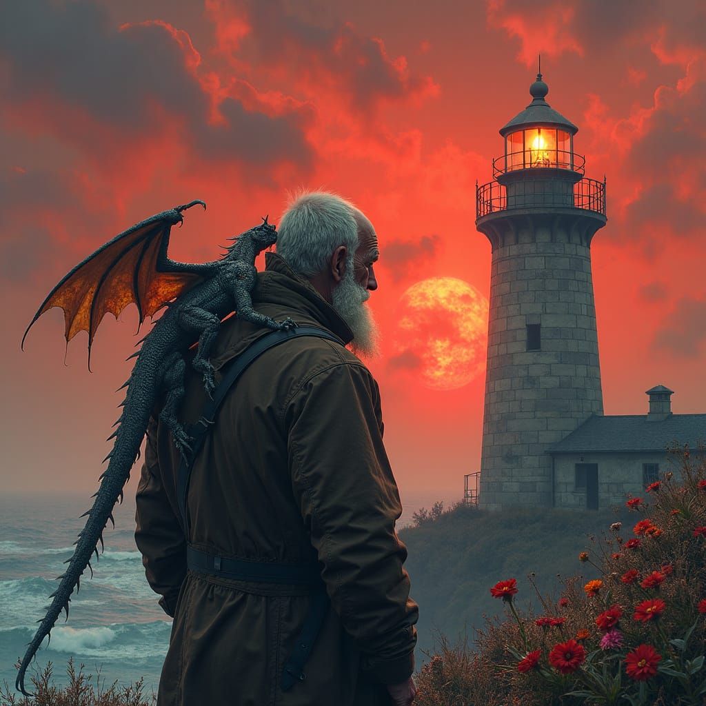 Lighthouse Keeper with Robotic Dragon: Collage Art