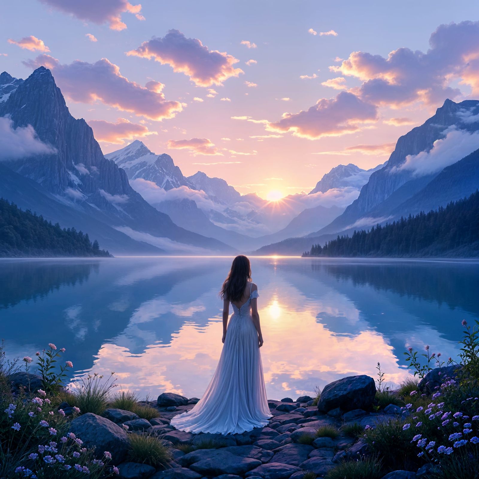 Golden Hour Landscape with Lake and Mountains