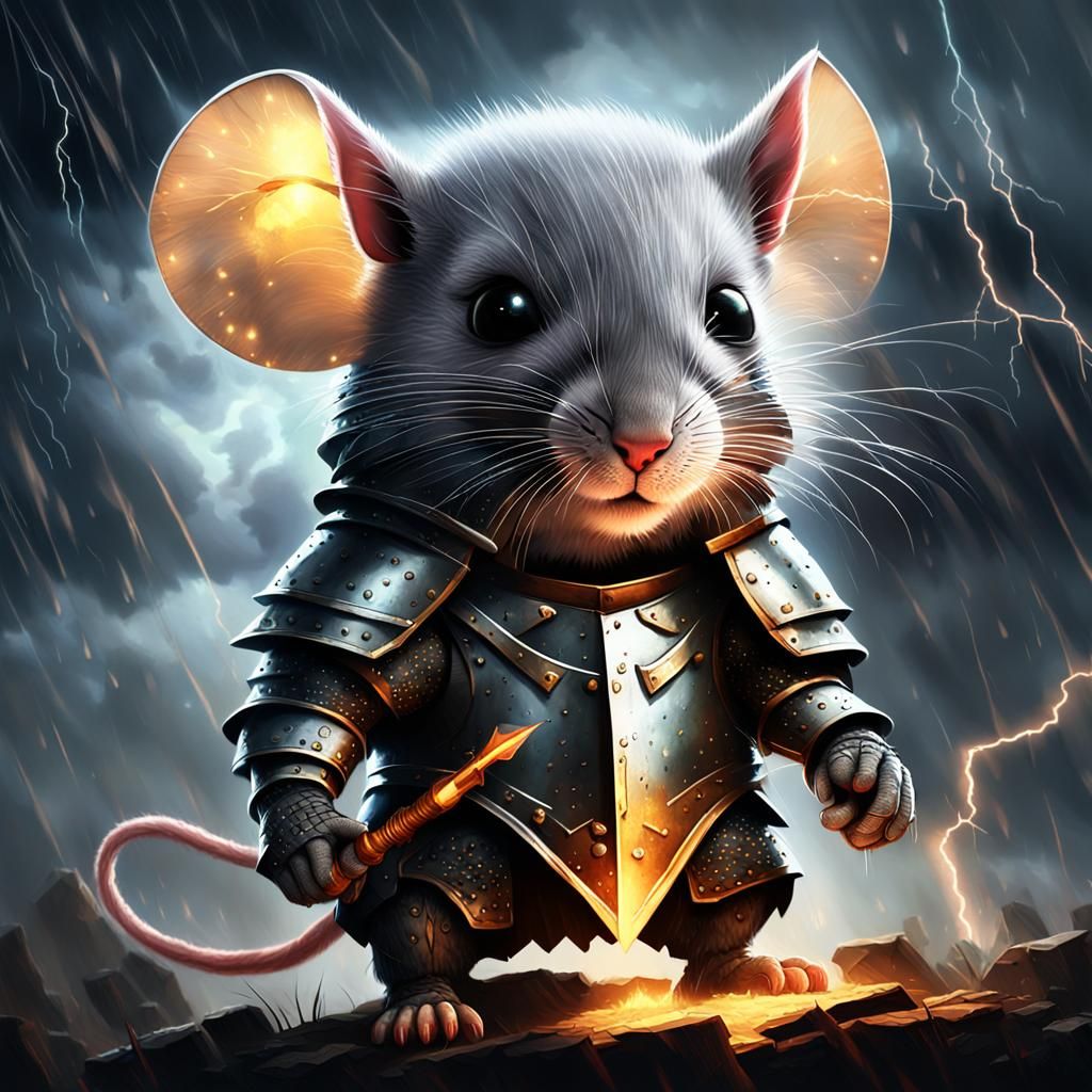 Cute Mouse Knight Smashed by Thunderbolt in Stormy Medieval....