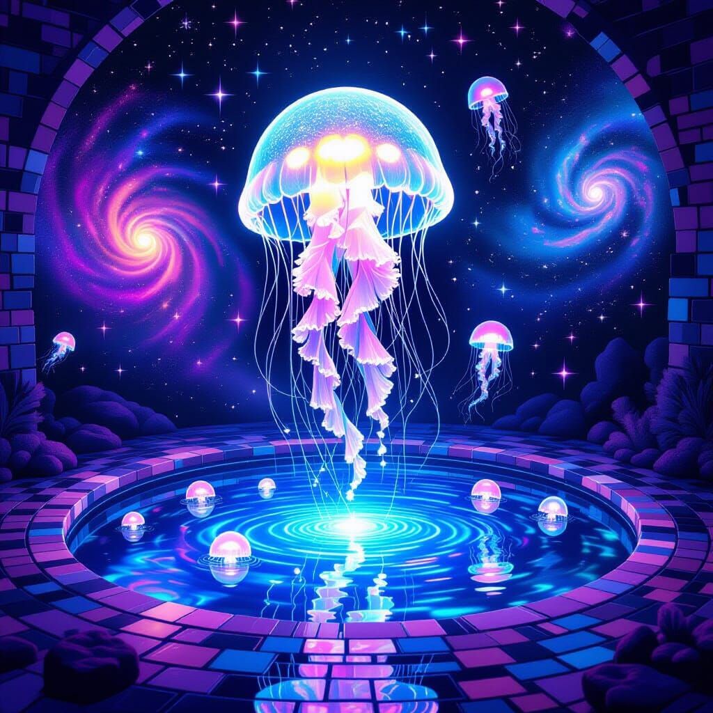 Cosmic Jellyfish Over Mirror Pool in Psychedelic Style