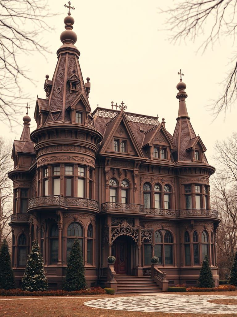 Chocolate Victorian Mansion with Ornate Details