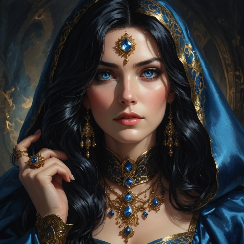Enchanting Sorceress in Blue and Gold Robes