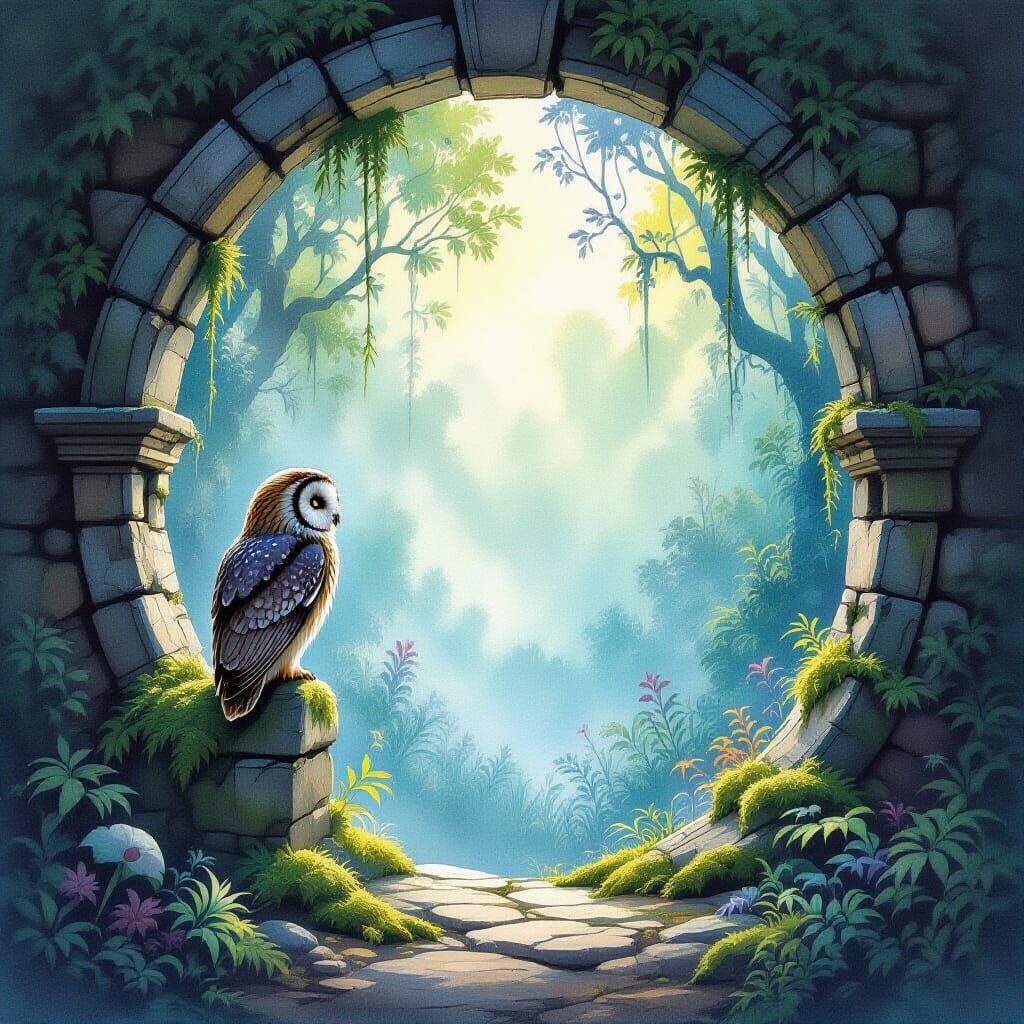 Watercolor Owl Gazing into an Alien Portal