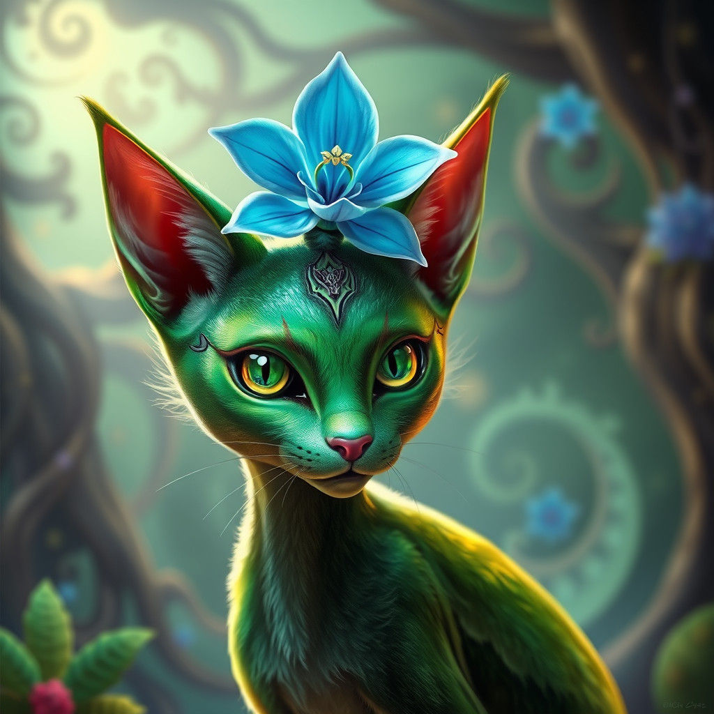 Green Cat with Blue Orchid Crown: Fantasy Concept Art